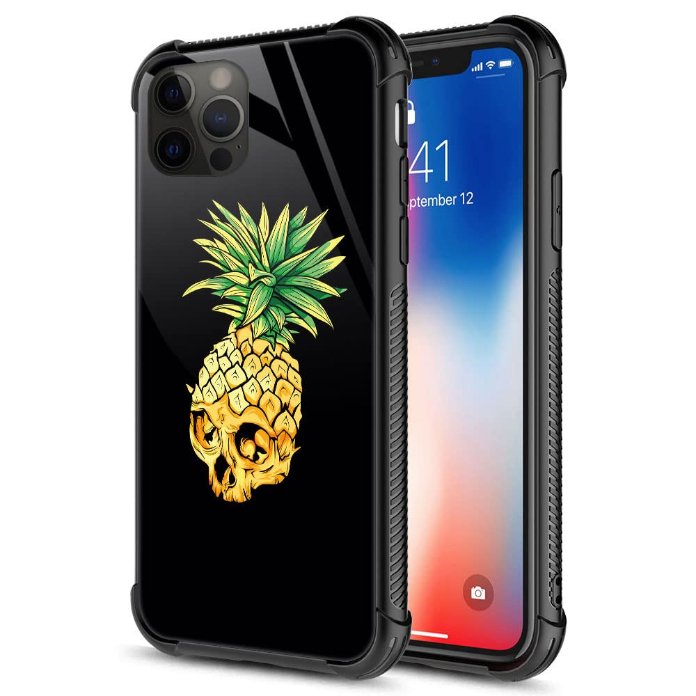ZHEGAILIAN Case Compatible with iPhone 12 Pro Max Case,Vector Skull Gold Pineapple Case,Tempered Glass Back+Soft Silicone TPU Shock Protective Case for iPhone 12 Pro Max Case.