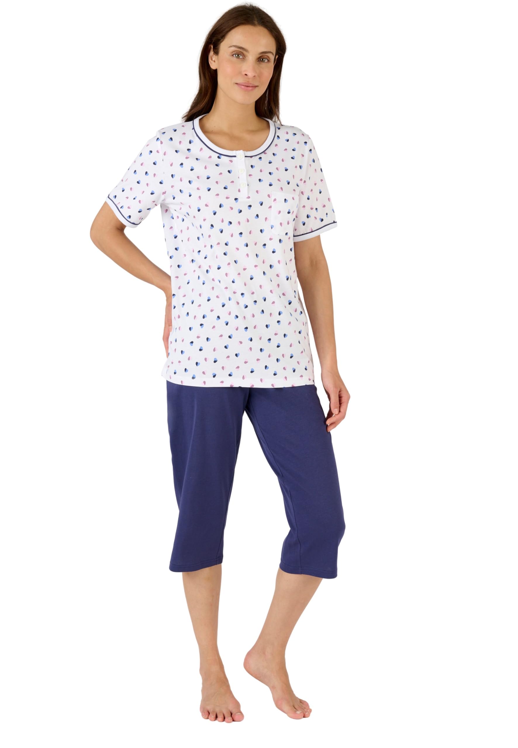 Damart - Short Sleeve Cropped Pyjamas, Navy Heart, 26/28