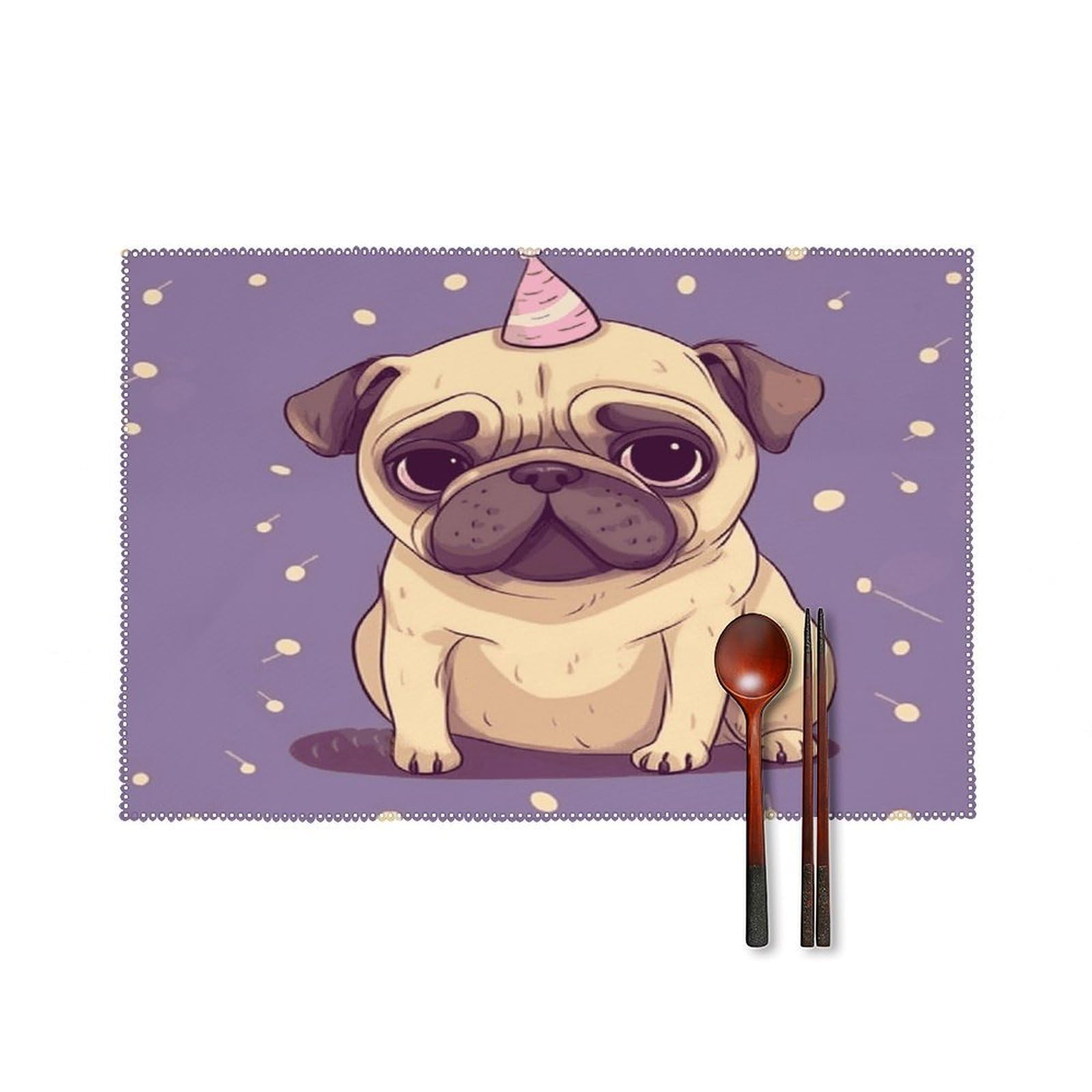 Fekiloot Style Funny Cartoon Pug Puppy Dog Placemats Set Of 6,Table Mat