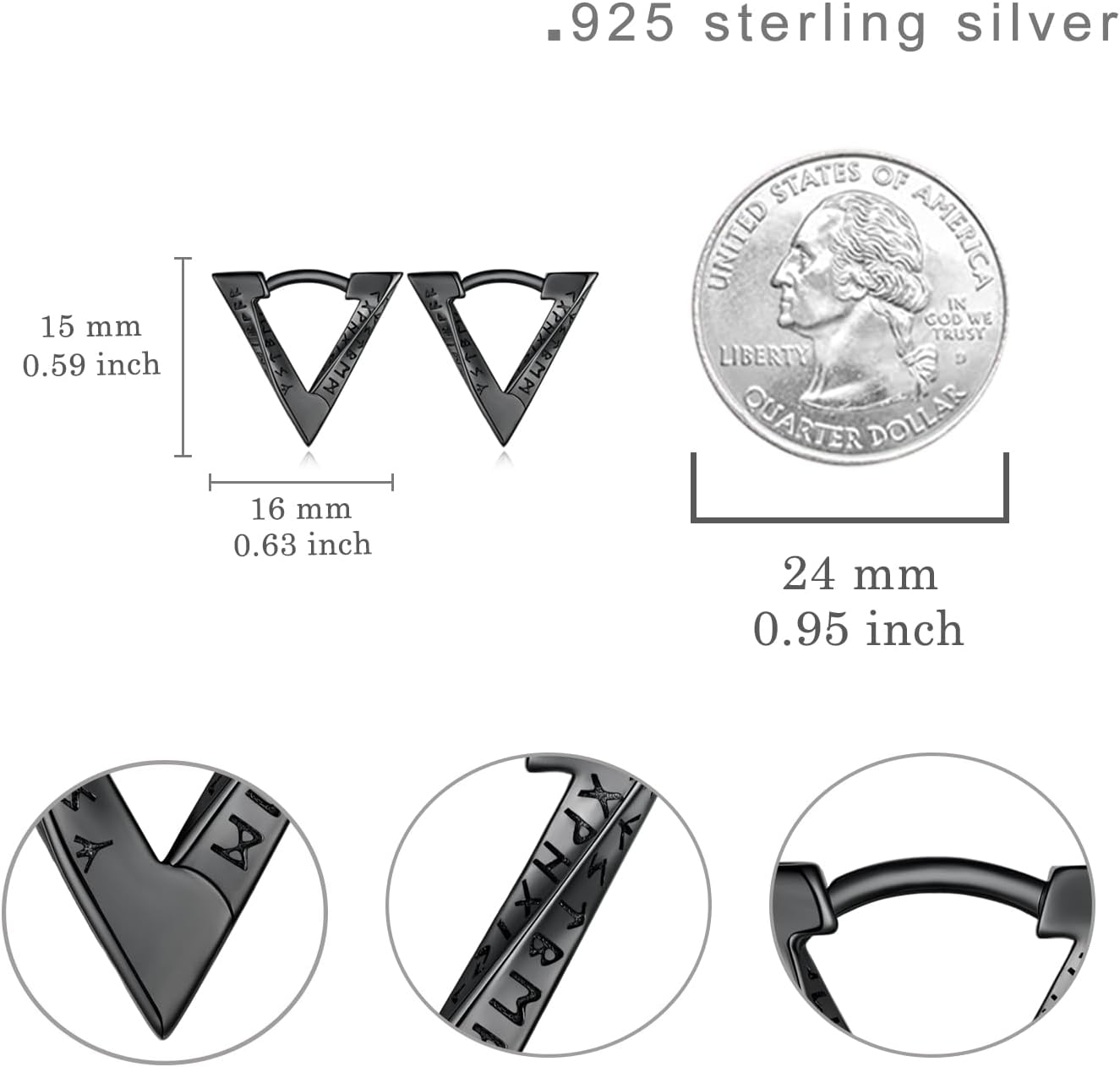 Viking Hoop Earrings Men 925 Sterling Silver Black Triangle Earrings for Women Norse Runes Formula Viking Jewelry Gifts - Image 4