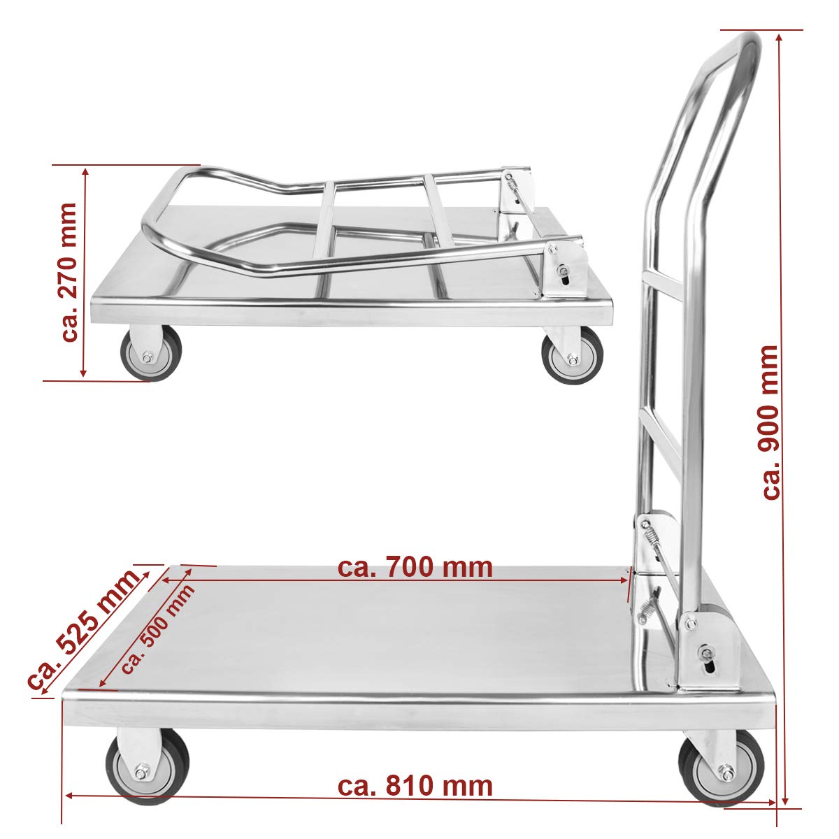 Beeketal 'TWB-1' Gastro Edelstahl Plattformwagen klappbar mit Gummi Rollen (geräuscharm) bis 350 kg belastbar, Schwerlast Küchen Transportwagen Handwagen Transportfläche: ca. 500 x 700 mm