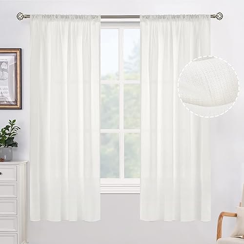 BGment Semi Sheer Curtains 63 Inch, Faux Linen Look Rod Pocket Light Filtering Privacy Sheer Window Curtains for Living Room, Opaque Sheer Curtains 2 Panels, Each 42 x 63 Inch,Ivory Cream