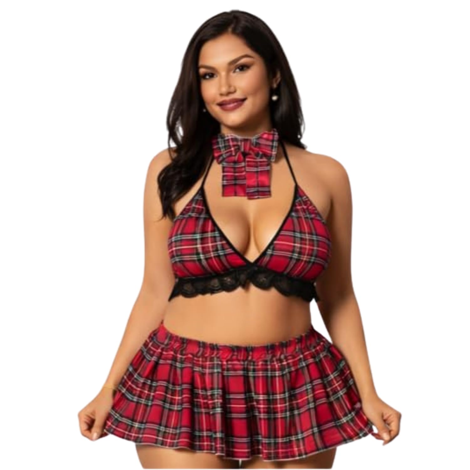 buybuddy Women Sexy Lingerie Set Plaid School Girl Costume 3 Piece Outfit Lace Bralette Mini Skirt with Bow Choker Nightwear Babydoll Sleepwear Party Dress for Honeymoon Romantic Wear-picture-24