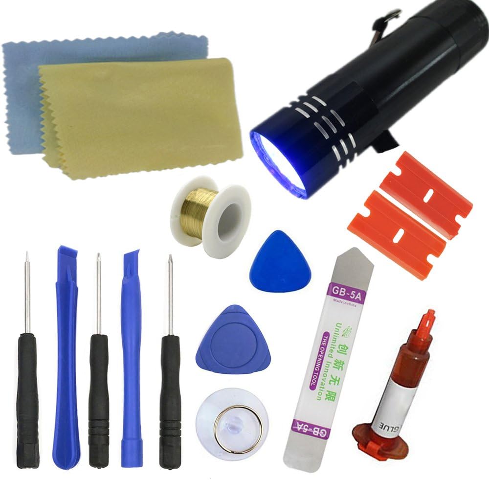 16 in1 LCD Glass Repair Tool Kit, Sunmall Opening Pry Tools Kit, Screwdriver Repair Tools Set with UV Glue UV Torch for Smartphones Samsung iPhone iPad Nokia Huawei Sony Motorola HTC etc (16 in 1)