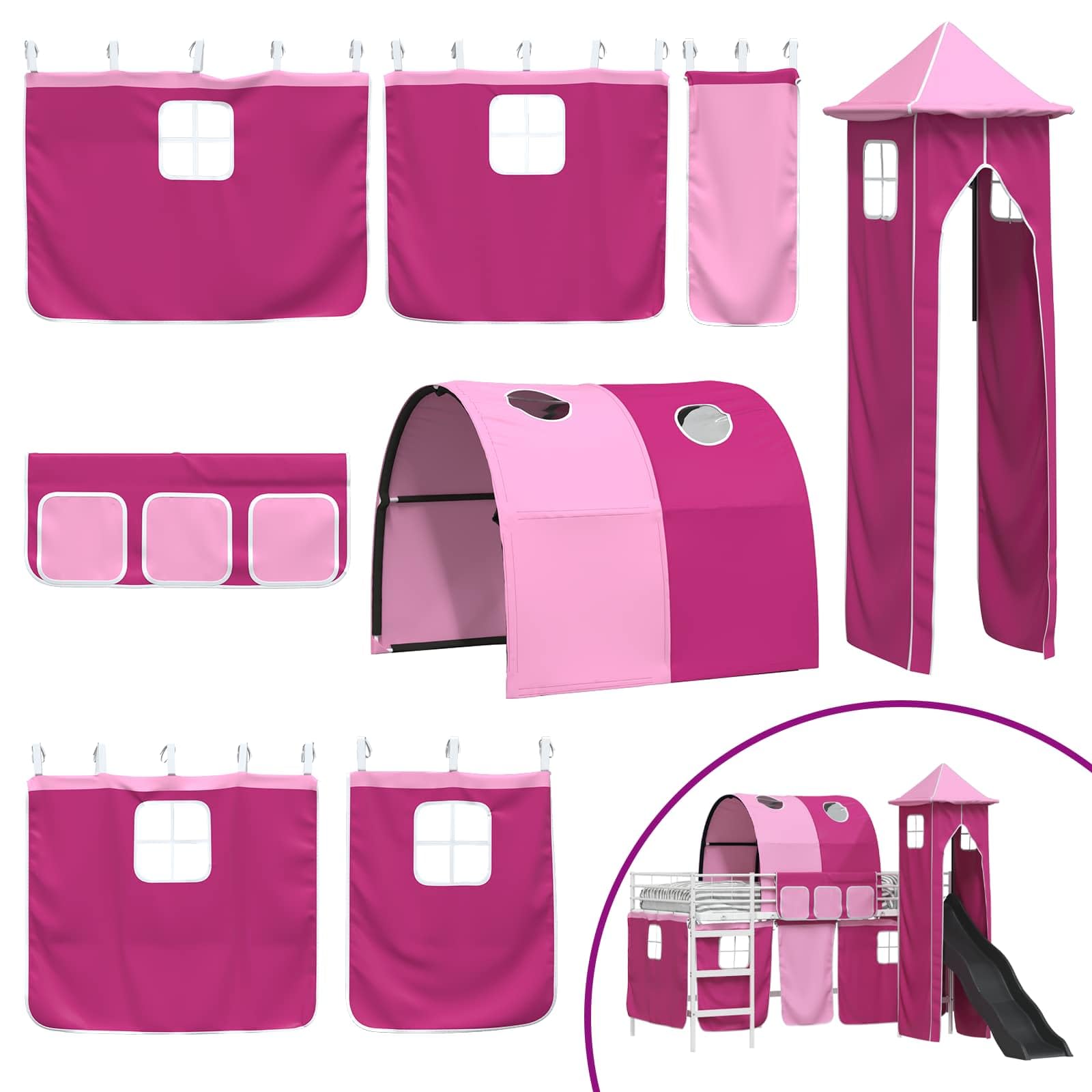 Kinderloftbett Weiß Rosa 90 x 200 cm Metall Hochbett mit Rutsche Vorhängen und Turm für Kinderzimmer Spielbereich Lattenrost und mittelfeste Matratze platzsparend robust