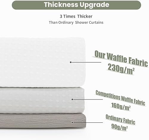 Miniatura 4 de Inhousolu Cortina de regadera de tela gofre, 230 GSM resistente, dobladillo pesado, 14 ganchos de metal, repelente al agua, lavable a máquina, juego