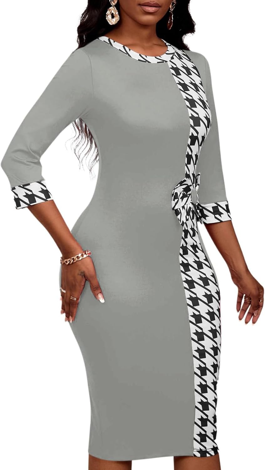 Women's 3/4 Sleeve Round Neck Casual Houndstooth Bodycon Wear to Work Pencil Sheath Midi Dresses - Image 2