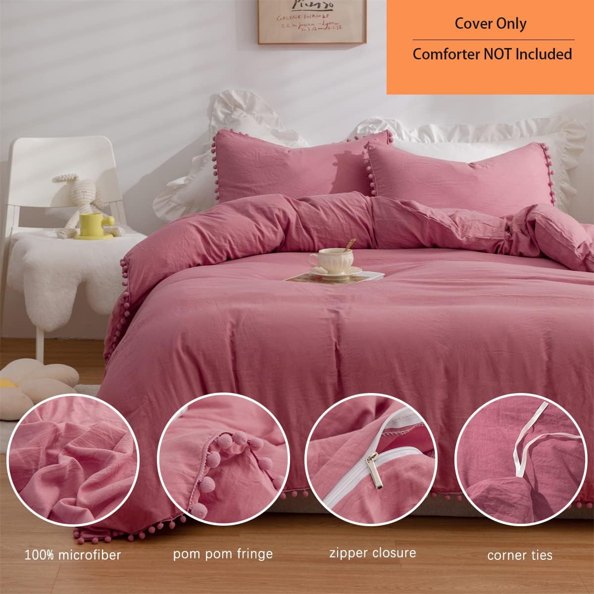 IHOUSTRIY Duvet Cover Queen Size,100% Washed Microfiber 3pcs Bedding Duvet Cover Set, Pom Poms Fringe Solid Color Soft and Breathable with Zipper Closure & Corner Ties (Old Pink, Queen)