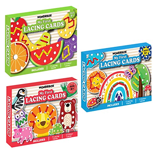 Image of WONDRBOX Montessori Lacing Cards Activity Educational Toy for Kids Age 2 3 4 Year Old | Autistic, Occupational Therapist Games (Set of 3) | Includes 22 Lacing Cards and 6 Laces