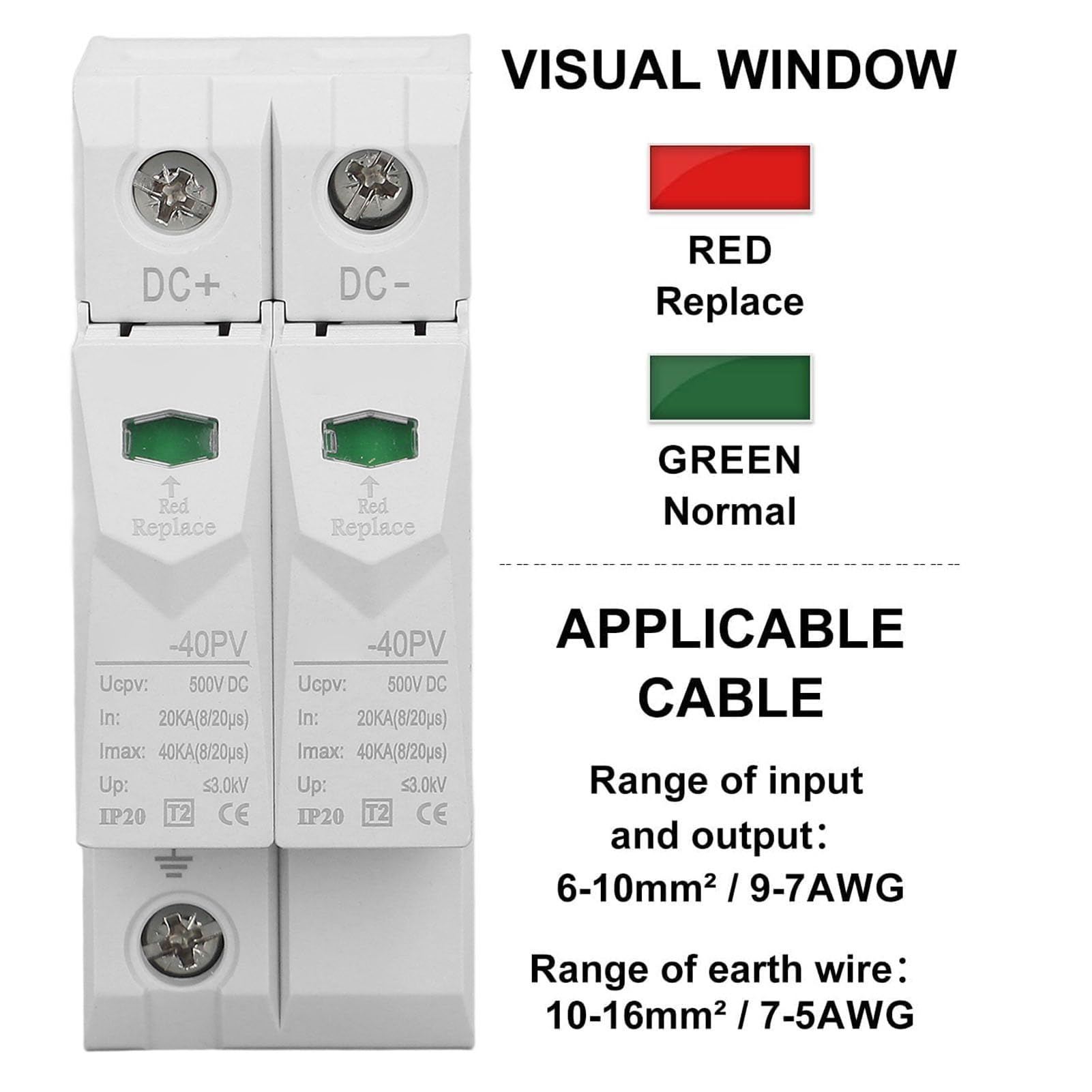 DC Power Surges Protector, DC 500V DIN Rail Mount 2P Surges Protector for Photovoltaic DC Power Systems, PV Surges Protecting Device