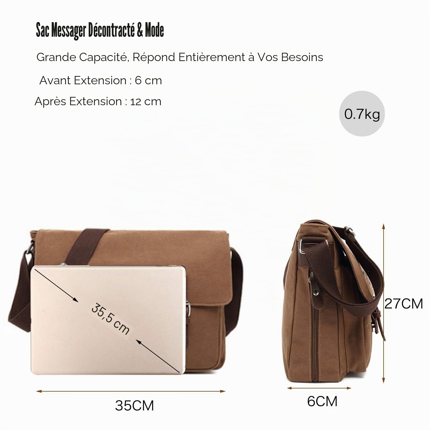 FANDARE Vintage Sacs bandoulière Toile Sac d'épaule Extensible Messenger Bag Homme Femme Sacs Portés épaule Briefcase Sac de Voyage Affaires Université Canvas Crossbody Bag