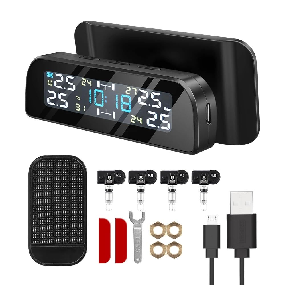 Tpms Sistema di monitoraggio della Pressione dei Pneumatici for Auto con sensore Solare Sensori Esterni della Pressione dei Pneumatici for 4 Ruote Pressione Pneumatici(T3 Internal)