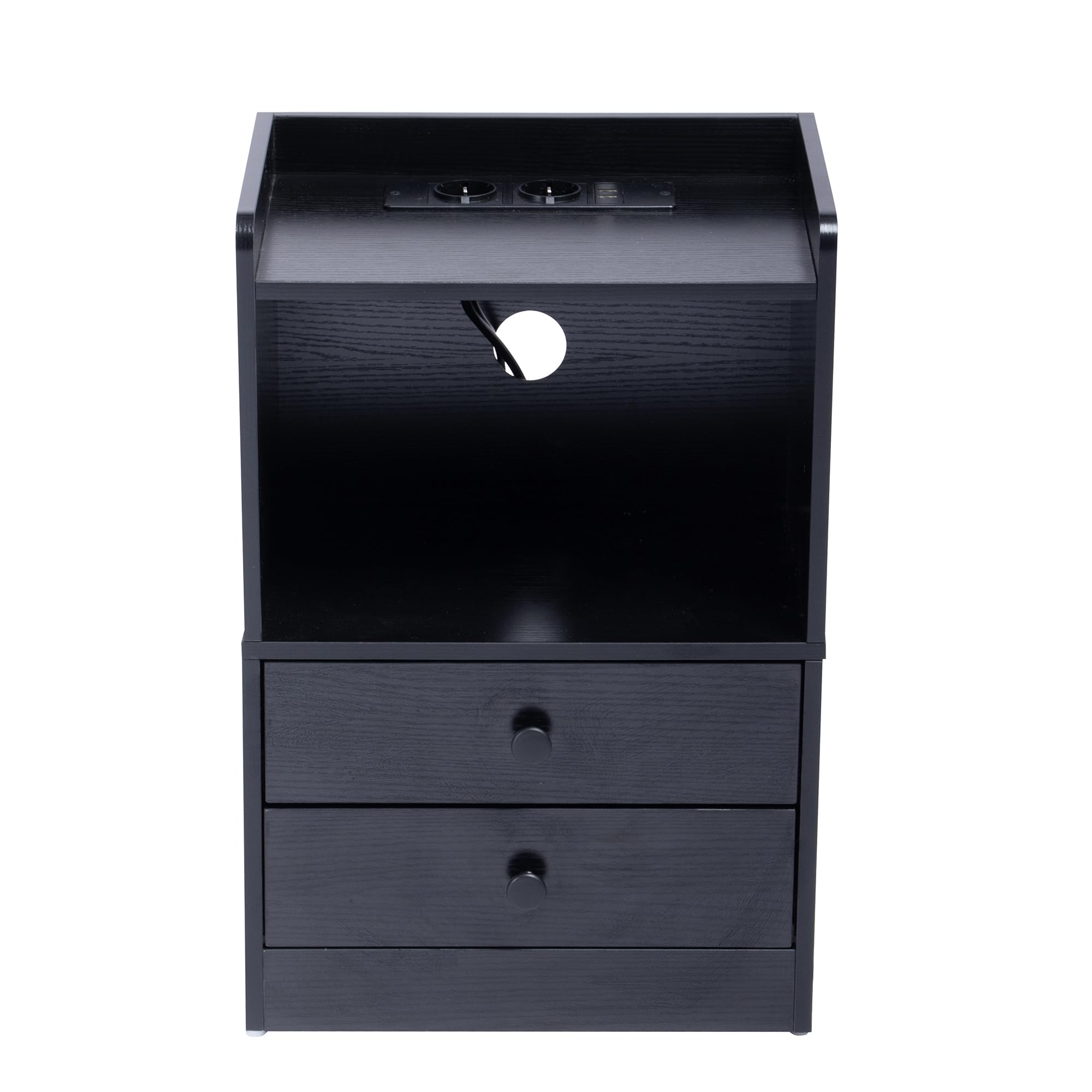 FurnitureR Table de Nuit avec Eclairage LED, Eclairage Ambiant Multicolore, Rangement à Deux Tiroirs, Armoire Compacte pour Chambre à Coucher avec Station de Chargement USB, MDF Noir, 38 x 26 x 56cm