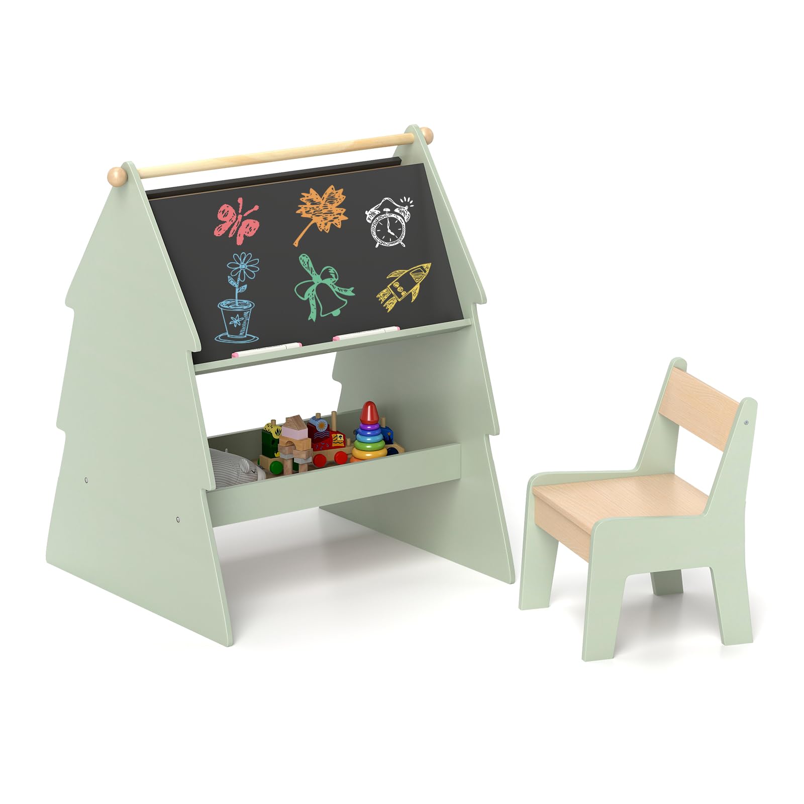 GOPLUS Juego de Caballete y Silla para Niños, Caballete con Pizarra Doble Cara, Mesa y Silla de Dibujo para Niños, con Bobina y Estante para Materiales, Caballete con Forma de Árbol para Pintar