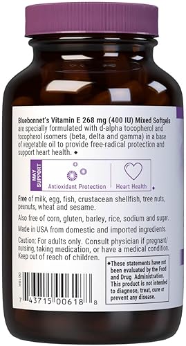 Miniatura 3 de Bluebonnet Nutrición Vitamina E 400 UI 268 mg Tocoferoles Mixtos Cápsulas Portección Radical Libre y Apoyo Cardiovascular Sin Gluten Lácteos