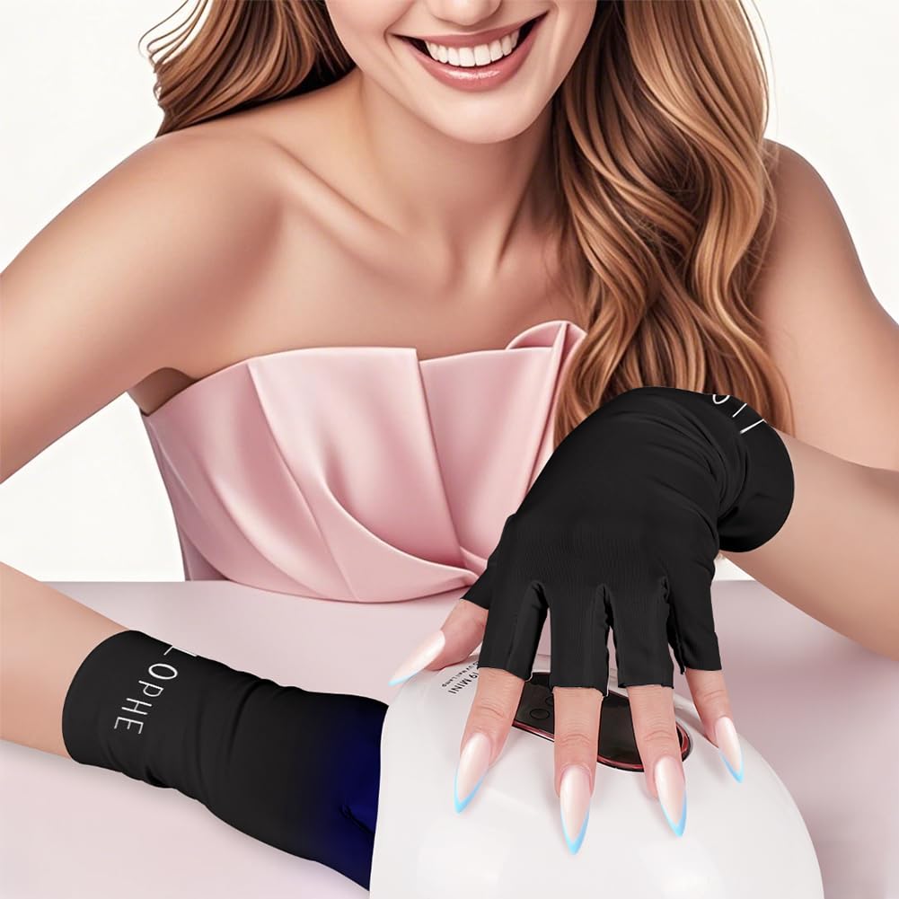 LOPHE Guanti UV per Unghie in Gel, 1 Paia UPF200+, Anti Raggi UV e UVB 999+, per Lampada per Unghie, Guanti Senza Dita per Manicure Nail Art Fai Da Te e Salone, Golf, Pesca(Nero)