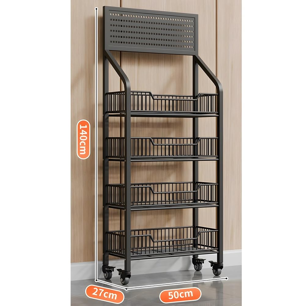 4/5-poziomowy stojak ekspozycyjny do sprzedaży detalicznej, metalowy stojak na przekąski/owoce/narzędzia, stojak na przekąski z kółkami i haczykami, do kuchni, (Czarny 50x27x140cm)