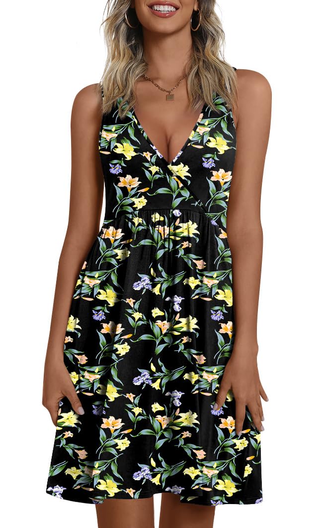 CATHY 2026 Womens Dress Sexy Sleeveless Summer Dresses V Neck Casual Wrap Sundress with Pockets Black Lily Medium