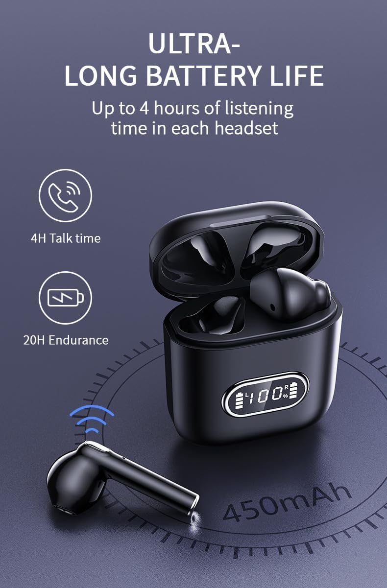 Bluetooth Headphones Wireless Earbuds in Ear Buds, Sports Earphones Deep Bass with Dual LED Power Display Headset, Light-Weight Earbud with Mic for Phone Laptop PC TV Running Workout, Black