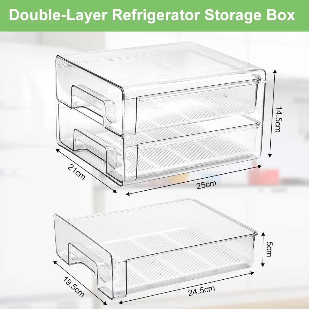Kühlschrank Organizer Doppelschichtige Aufbewahrungsbox Stapelbare Aufbewahrungsschubladen 25*21*14.5cm Vorratsbehälter durchsichtige Küchen Aufbewahrung Organizer für Kühlschrank, Schrank