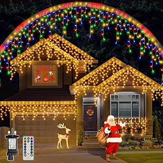Ollny Christmas Icicle Lights Outdoor - Christmas Tree Light Decorations 7.5M 306 LED String Fairy Light Mains Powered Warm White 11 Modes Multicolour Waterproof with Remote Timer for Outside Window