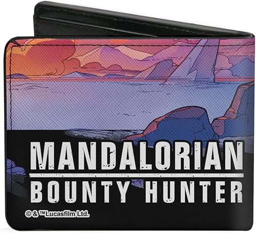 Miniatura 2 de Buckle-Down Billetera para hombre, plegable, con logotipo de Star Wars The Mandalorian Helmet Scenes, Bounty Hunter, cuero vegano, 4.0 x 3.5