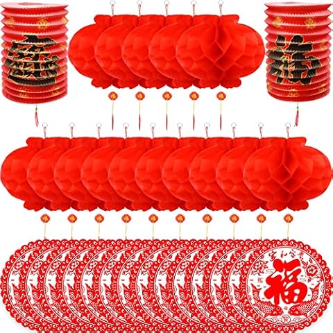 Funnlot 42pcs Chinese Lanterns Decorations Red Chinese Lanterns, Red Traditional Fu Chinese Lanterns, Chinese Paper-Cut Window Stickers, Chinese Red Paper Lanterns Chinese New Year Party Decorations Cover