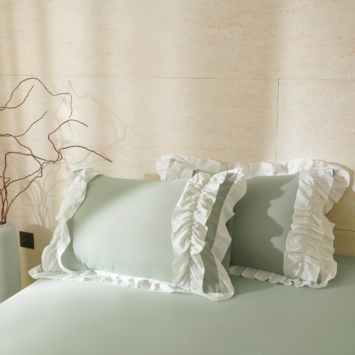 Green Ruffle Duvet Cover Queen 3Pcs Shabby Chic Farmhouse Bedding Set Girls 100% Washed Microfiber Duvet Cover Set Boho Vintage Ruffled Bedding with 2 Pillowcases(No Comforter) - Image 5