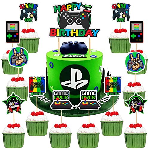 MEZHEN Videojuegos Decoracion Tarta Cumpleaños Infantil Pastel Toppers Videojuegos Cupcake Toppers Happy Birthday Decoración de Pasteles Topper Cake Cover