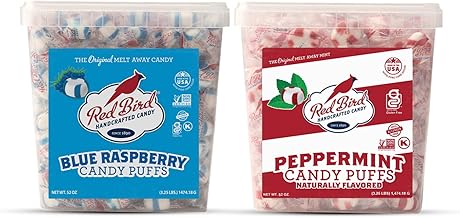 Red Bird Peppermint and Blue Raspberry Candy Puffs, 52 oz Tubs Bundle, Individually Wrapped Breath Mints, Kosher, Gluten-Free Candy For Parties, Events, Gifting, Office, Church, and Restaurants