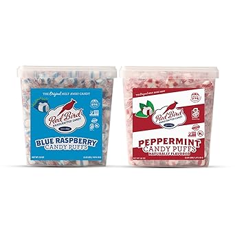 Red Bird Peppermint and Blue Raspberry Candy Puffs, 52 oz Tubs Bundle, Individually Wrapped Breath Mints, Kosher, Gluten-Free Candy For Parties, Events, Gifting, Office, Church, and Restaurants
