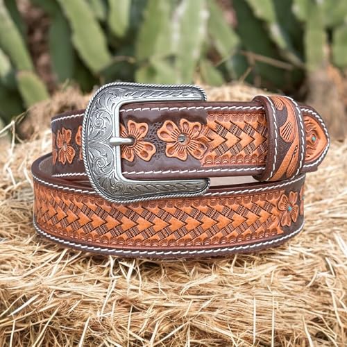 DANIEL'S ARTPLANET Men’s Western Leather Belt Full Grain Leather Cowboy Belt with Buckle Tooled Engraved 1.5” Wide Handmade3