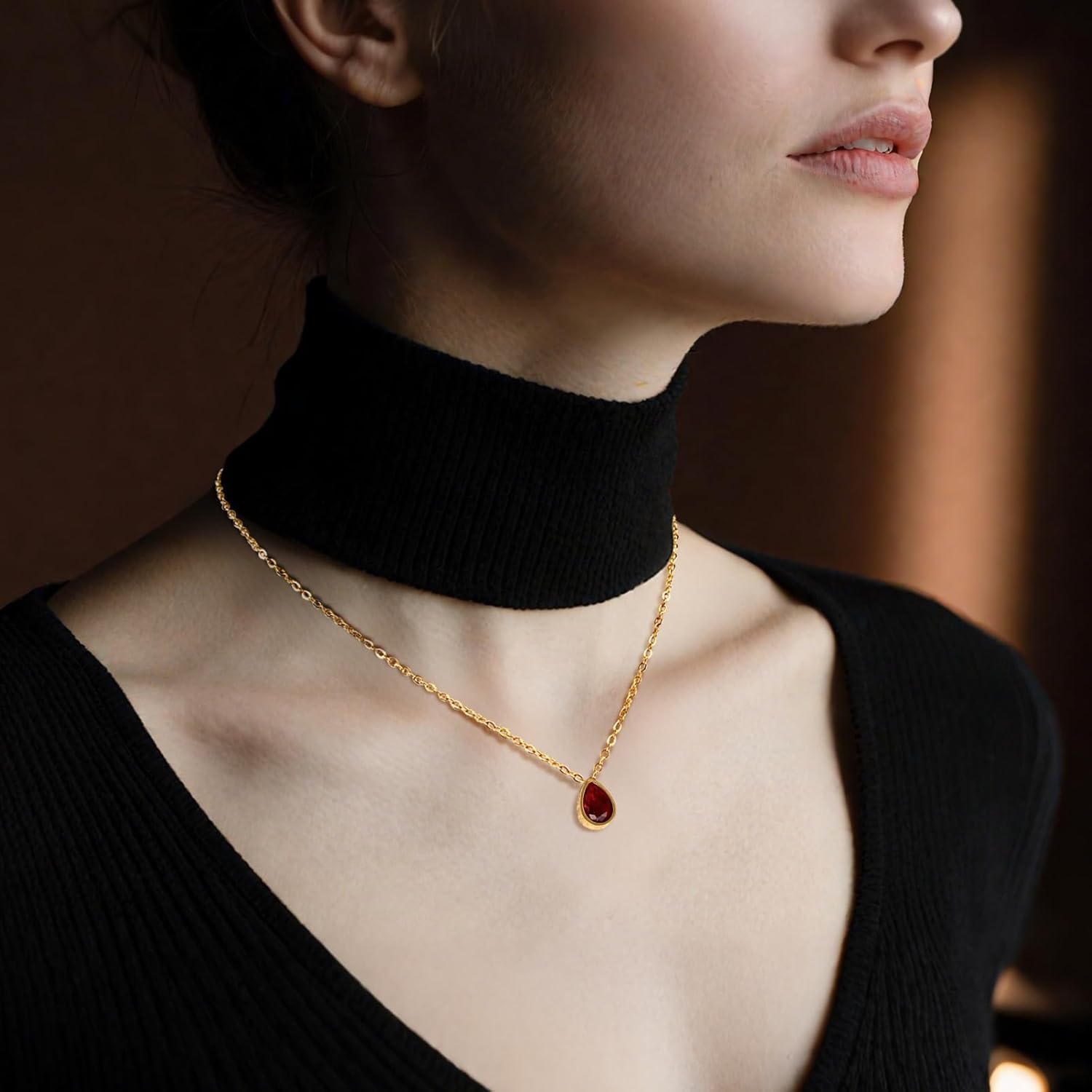 14K Gold Plated Ruby Necklaces for Women Red Teardrop Crystal Pendant Necklace Birthstone for Christmas or Daily Wear - Image 2