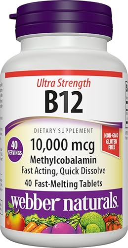 Webber Naturals Vitamina B12 10,000 mcg, ultra fuerte, 40 unidades, tabletas de disolución rápida, suplemento vitamínico apoyo para metabolismo