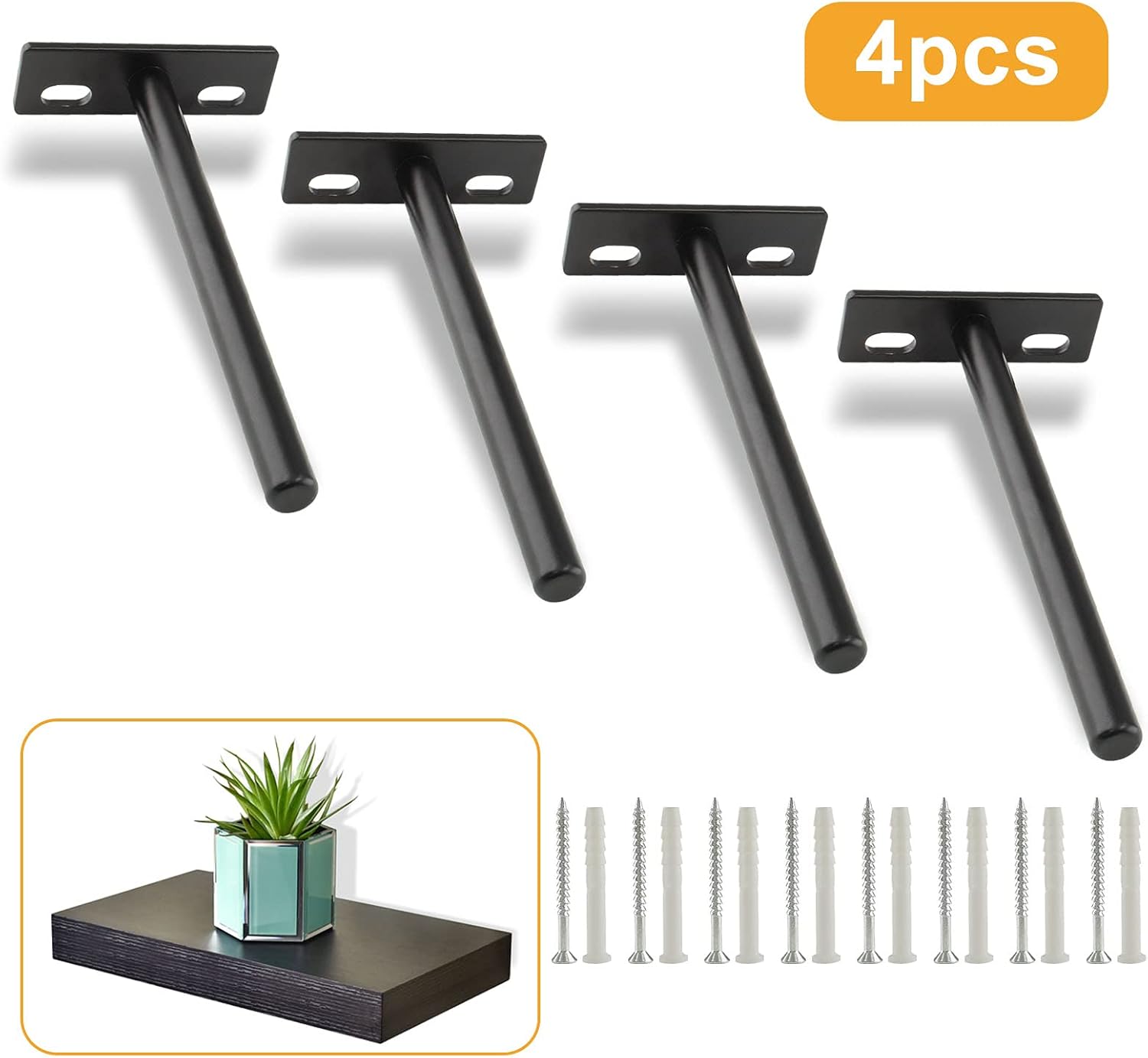 4 Pcs 5 Inch Floating Shelf Bracket Heavy Duty Blind Shelf Supports, Hidden Wall Brackets for Floating Wood Shelves, Black