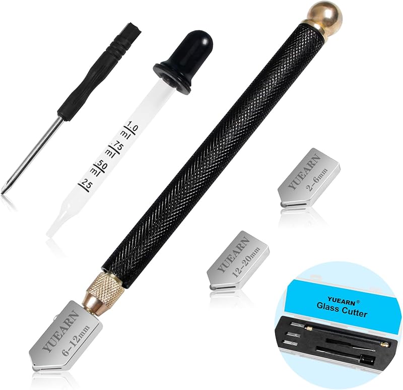 YUEARN Glass Cutter(2-20mm), Glass Cutting Tool for Thick Glass, Pencil Style with Automatic Oil Feed, Carbide Tip & Ergonomic Handle for Mirrors, Tiles & Mosaics