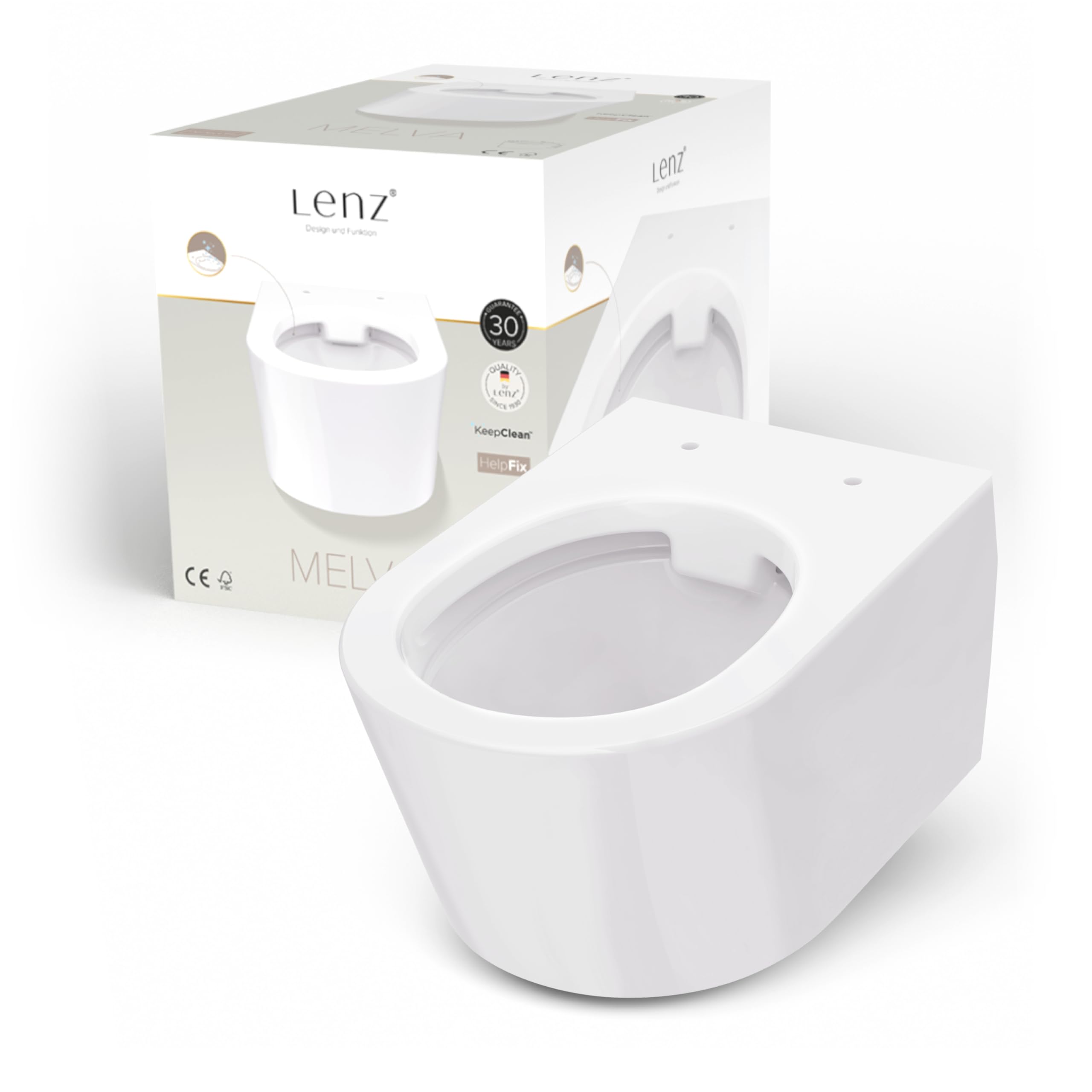Lenz Spülrandloses Wand-WC MELVA in D-Form – Hygienisch, geruchsarm & leicht zu reinigen – Superglatte KeepClean-Oberfläche – Einfache Montage mit Help Fix – Tiefspüler, Weiß, 41030161
