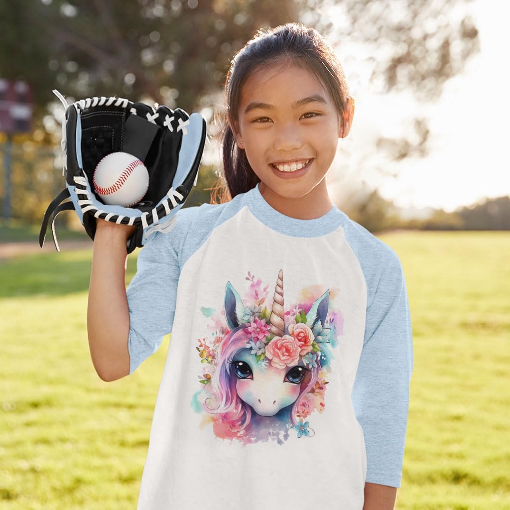Unicorn and Flowers Kids' Baseball T-Shirt - Unicorn Present Ideas - Items for Kids