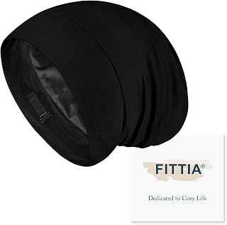 Fittia Silky Satin Bonnet for Sleeping, Silk Sleep Cap Hair Bonnet for Curly Hair, Bamboo Beanie Silk Hair Wrap for Men&Women, Black