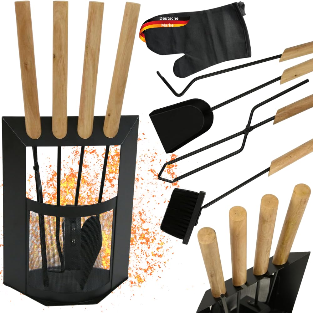 Kaminbesteck modern THEO | 6-teilig mit Holzgriff | Schürhaken Besen Ascheschaufel | Kamingarnitur Schwarz Ofenbesteck Kaminzubehör