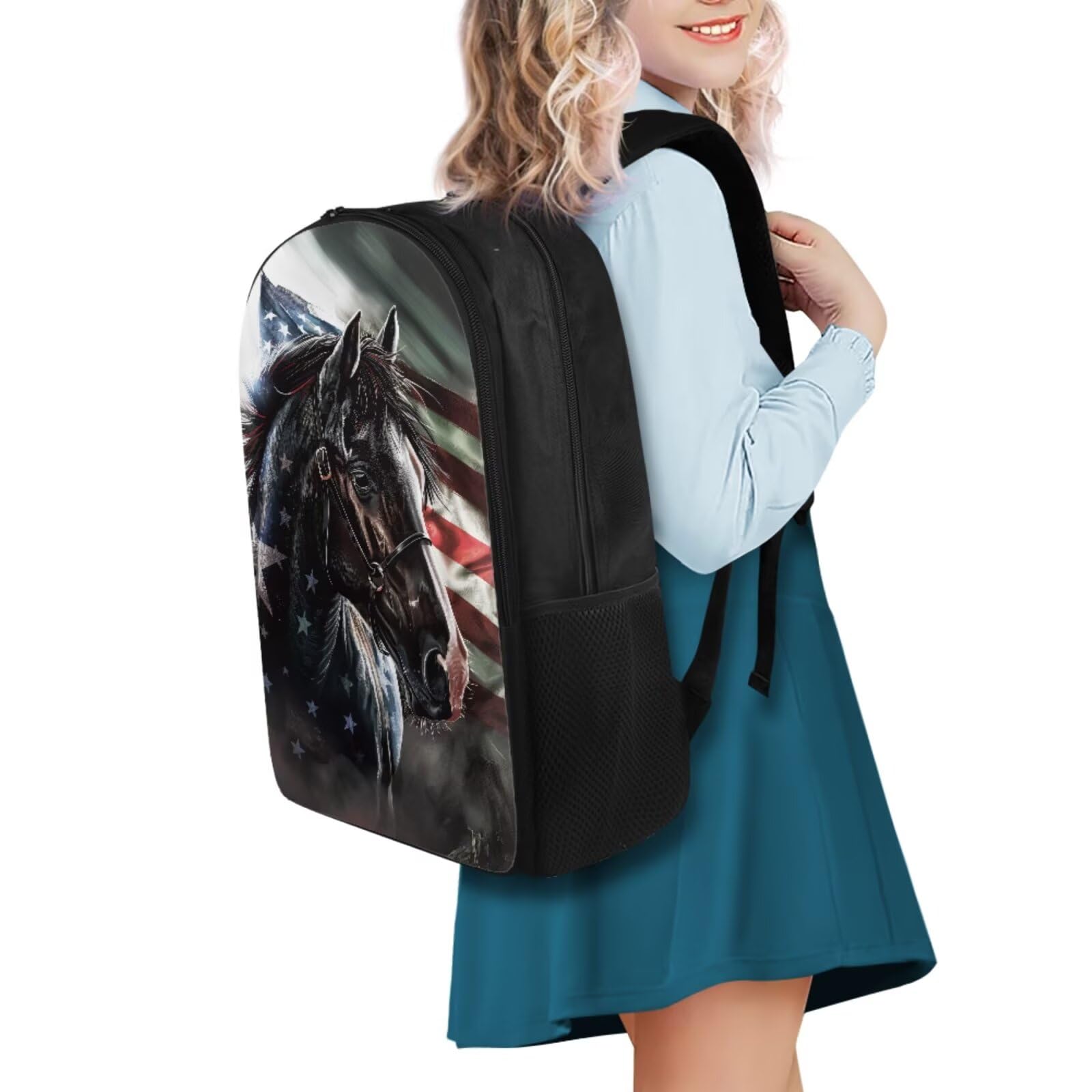 YEXIATODO Black Horse Patriotic Kids Backpack Set 4PCS 4th of July Themed Backpack with Lunch Box Pencil Case Water Bottle Holder for School Picnics Red White & Blue School Bags for Boy Girls