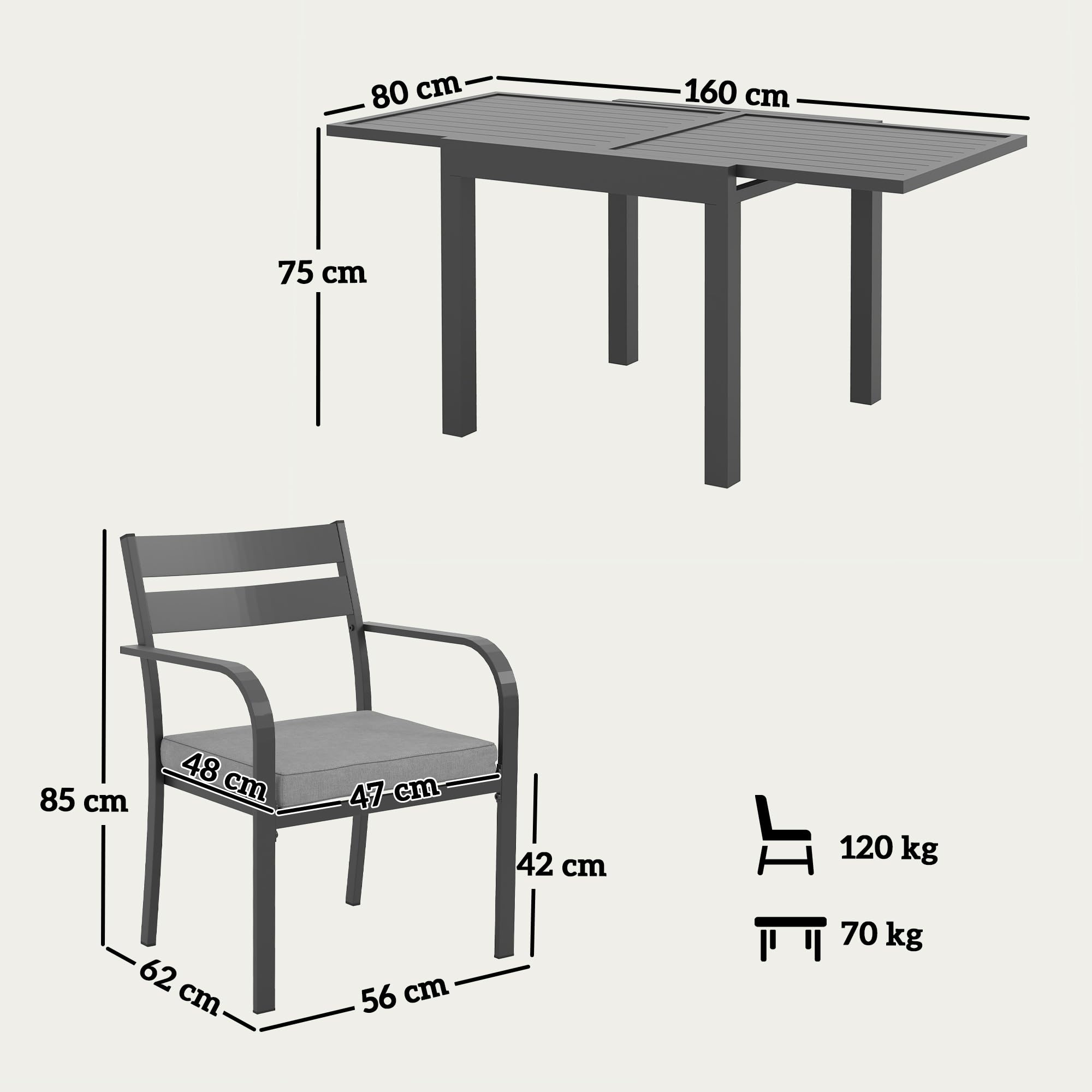 Outsunny Set Tavolo da Giardino con Sedie da 7 Pezzi, Set da Pranzo con Tavolo Allungabile, 6 Sedie da Esterno Impilabili con Braccioli e Cuscini, Set di Mobili a Doghe in Acciaio Alluminio, Grigio