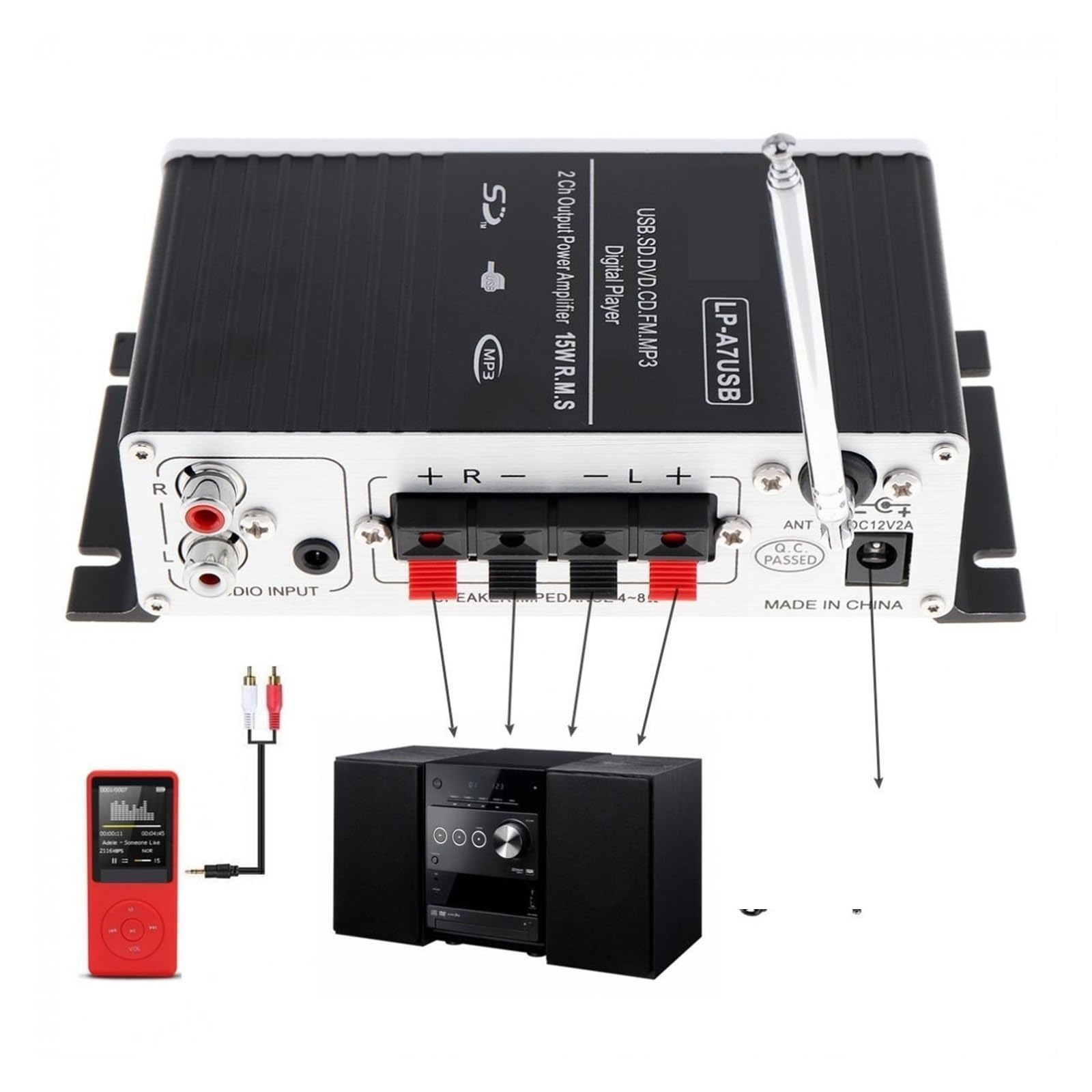 Wzmacniacz, Kompatybilny z samochodowy mini wzmacniacz stereo Hi-Fi Auto FM odtwarzacz MP3 obsługuje USB/SD/DVD/CD z pilotem