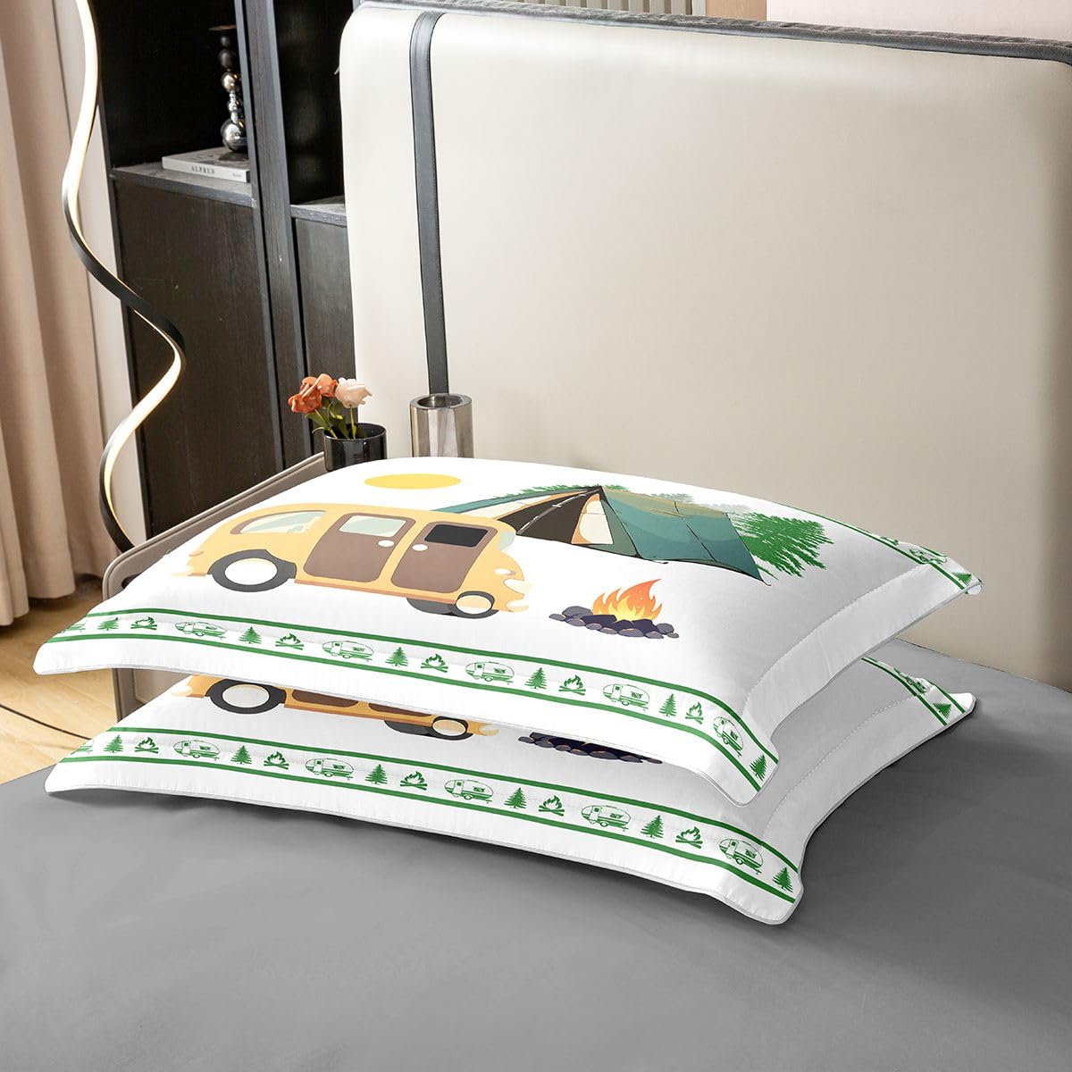 Homewish RV Happy Camping Pościel Pojedynczy Camper Decor Coton Poszewka Na Kołdrę Rustykalny Dom Wiejski Poszewka Na Kołdrę Sosna Ognisko Zestawy Łóżek Zielona Biała