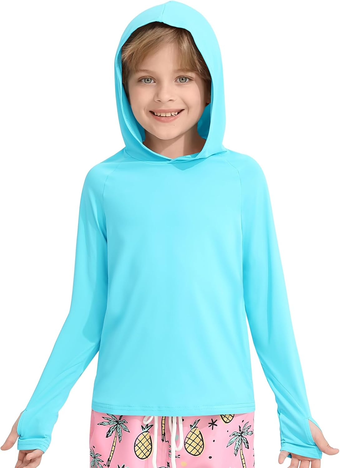 Hotfiary Boys Rash Guard UPF 50+ Long Sleeve Hooded Swim Shirt for 5-14 Years with Thumbhole Pockets for Beach Fishing Hiking