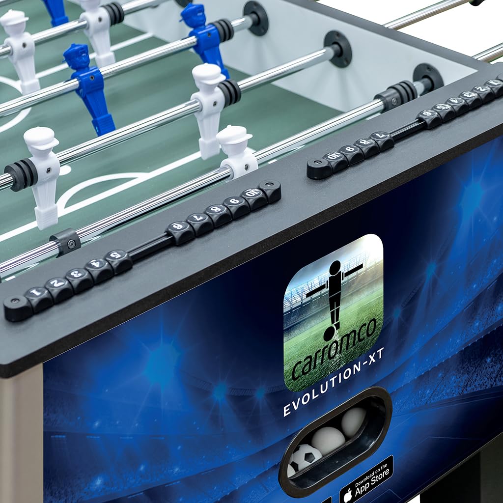 Carromco Kickertisch Evolution-XT | Profi Tischkicker mit App-Funktion | PROFI-TISCHFUSSBALL: Blauer Kicker (60kg) für Fortgeschrittene. Inkl. Tablet-Halter, interaktiver App & 2 Kickerbällen