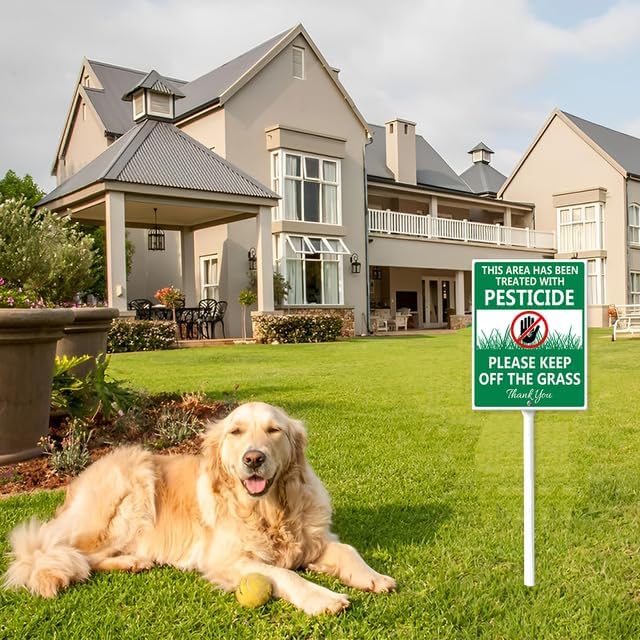 Area Has Been Treated With Pesticide, Please Keep Off Grass Signs for Yard with Stake, Sturdy Aluminum Sign Rust Free, Green and White Lawn Sign for Yard Garden Lawn Outdoor 7×8.8 inch - Image 2