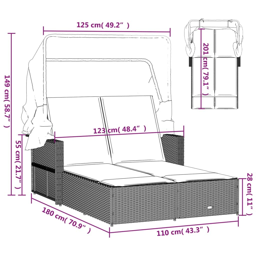Lit double d'extérieur avec auvent et coussins réglables - Meubles de terrasse en rotin synthétique gris - Salon de jardin confortable - Double chaise longue pour la détente