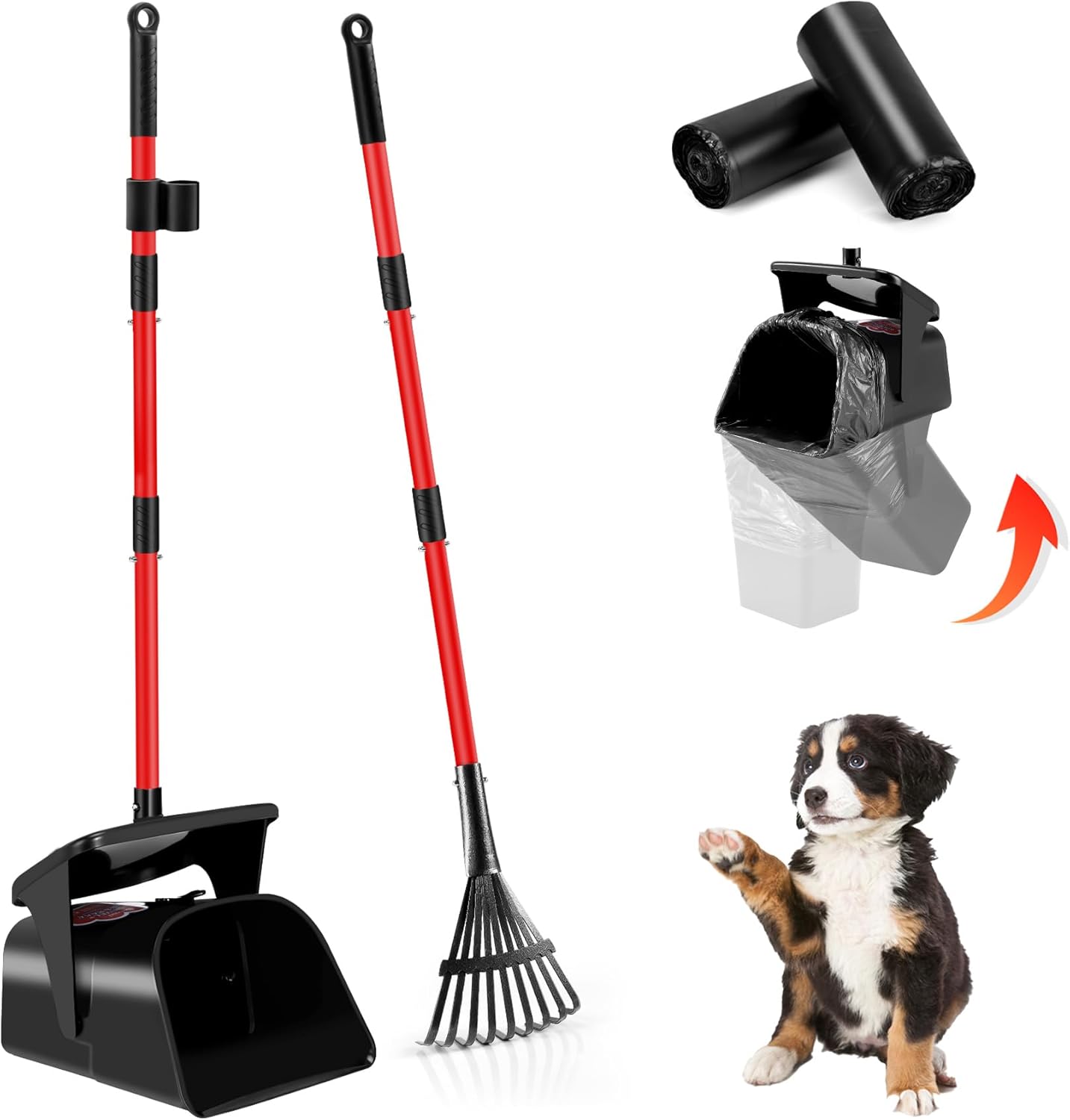 Ormalla Pooper Scooper Swivel Bin & Rake with 60 Waste Bags, Long