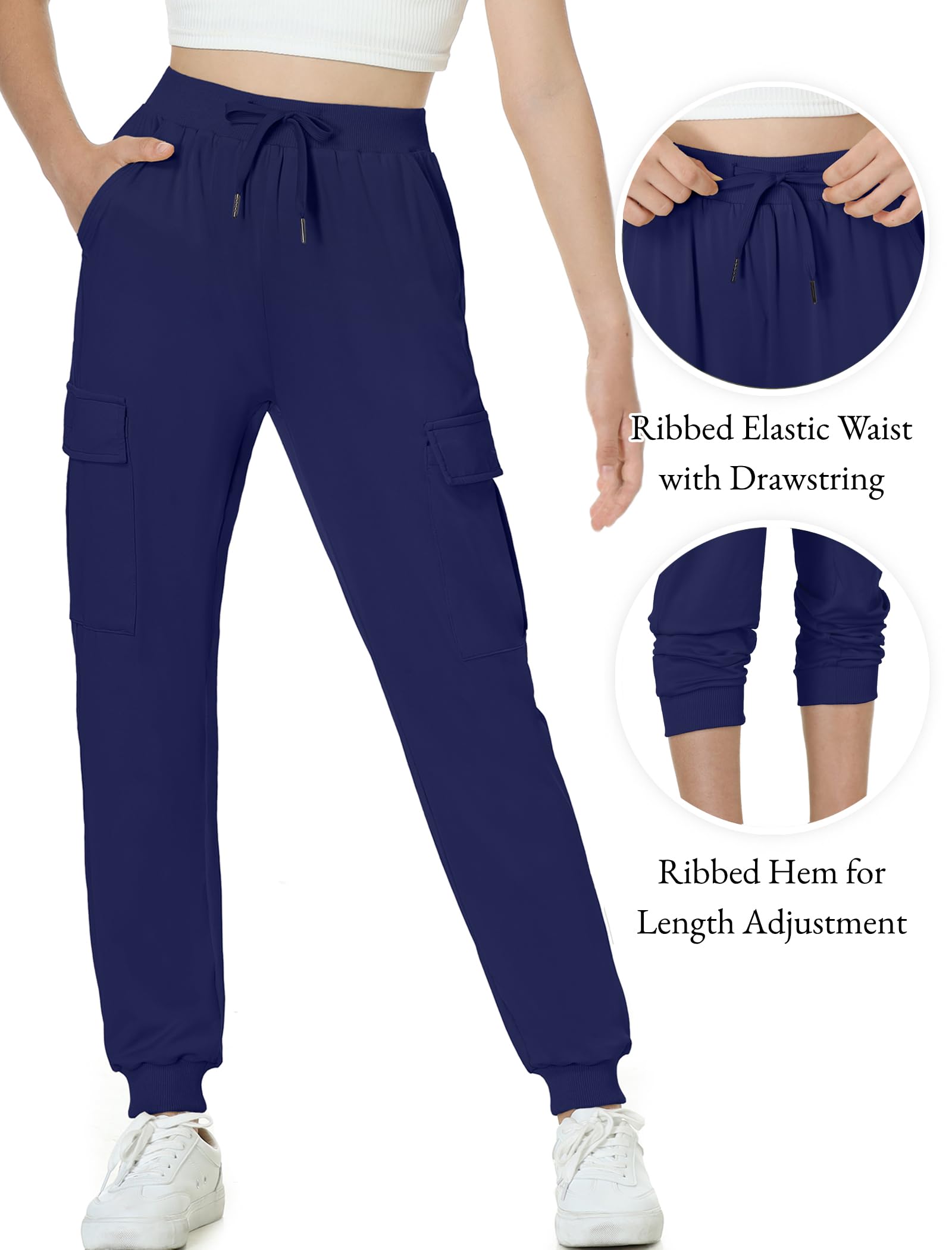 EXARUS Pantalones cargo para niñas, pantalones deportivos ajustados con bolsillos con cremallera, secado rápido, ligeros, con cordón, cintura alta, 8-14 años